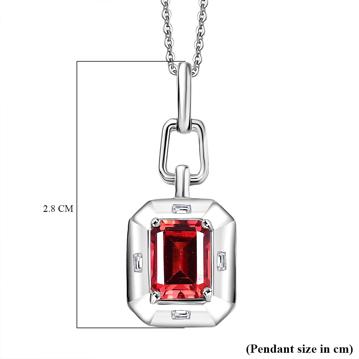 D'Joy Lab Grown Padparadscha Sapphire & White Zircon Pendant with Curb Chain (Size 20) in Rhodium Overlay Sterling Silver 2.20 Ct.