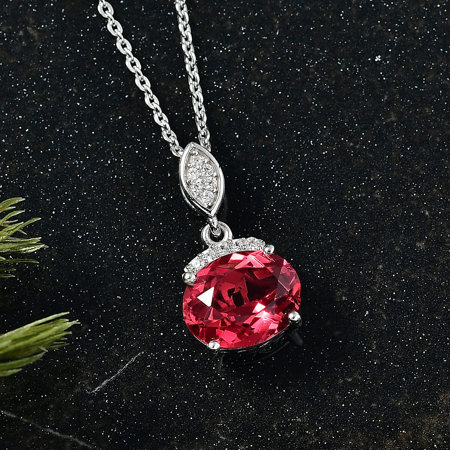 D'Joy Lab Grown Padparadscha Sapphire & White Zircon Pendant with Chain (Size 20) in Rhodium Overlay Sterling Silver 2.67 Ct.