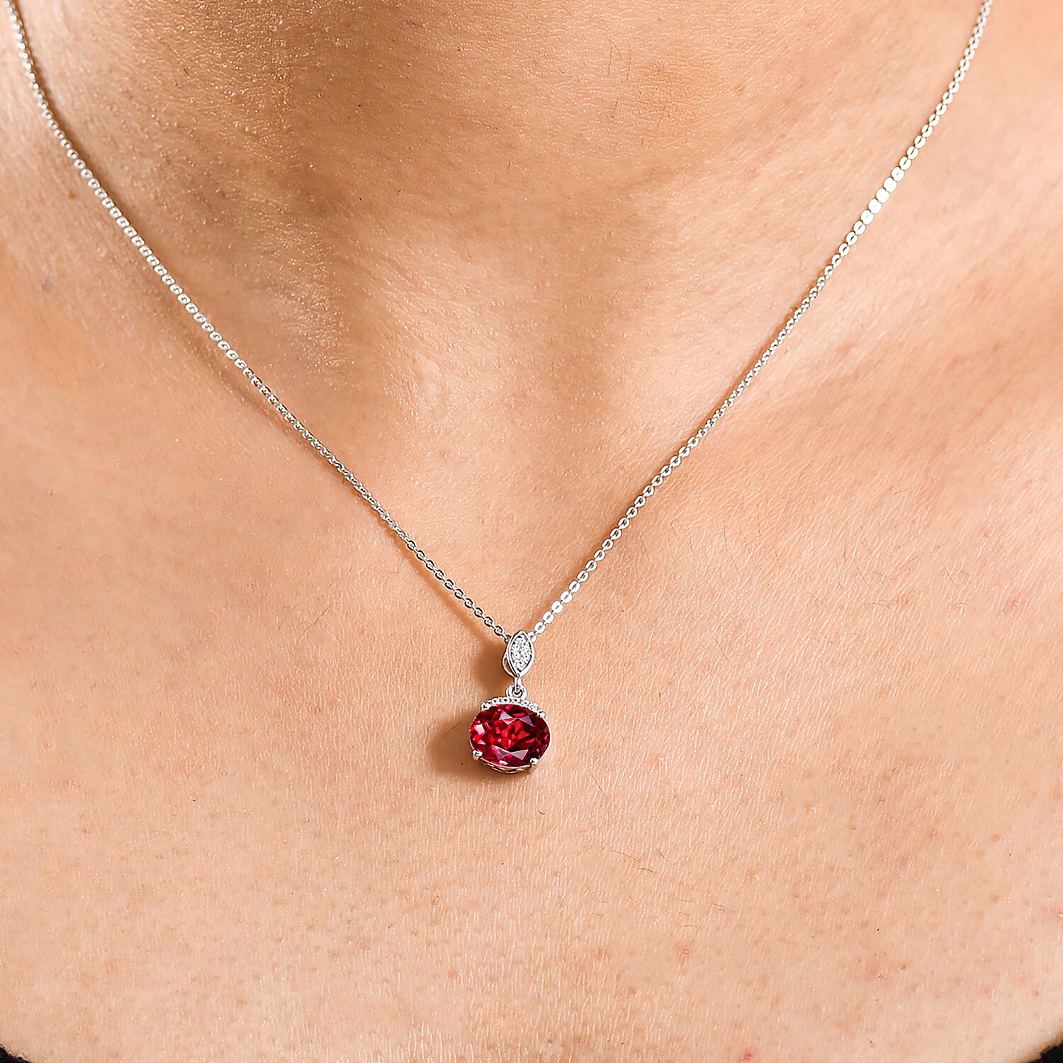 D'Joy Lab Grown Padparadscha Sapphire & White Zircon Pendant with Chain (Size 20) in Rhodium Overlay Sterling Silver 2.67 Ct.