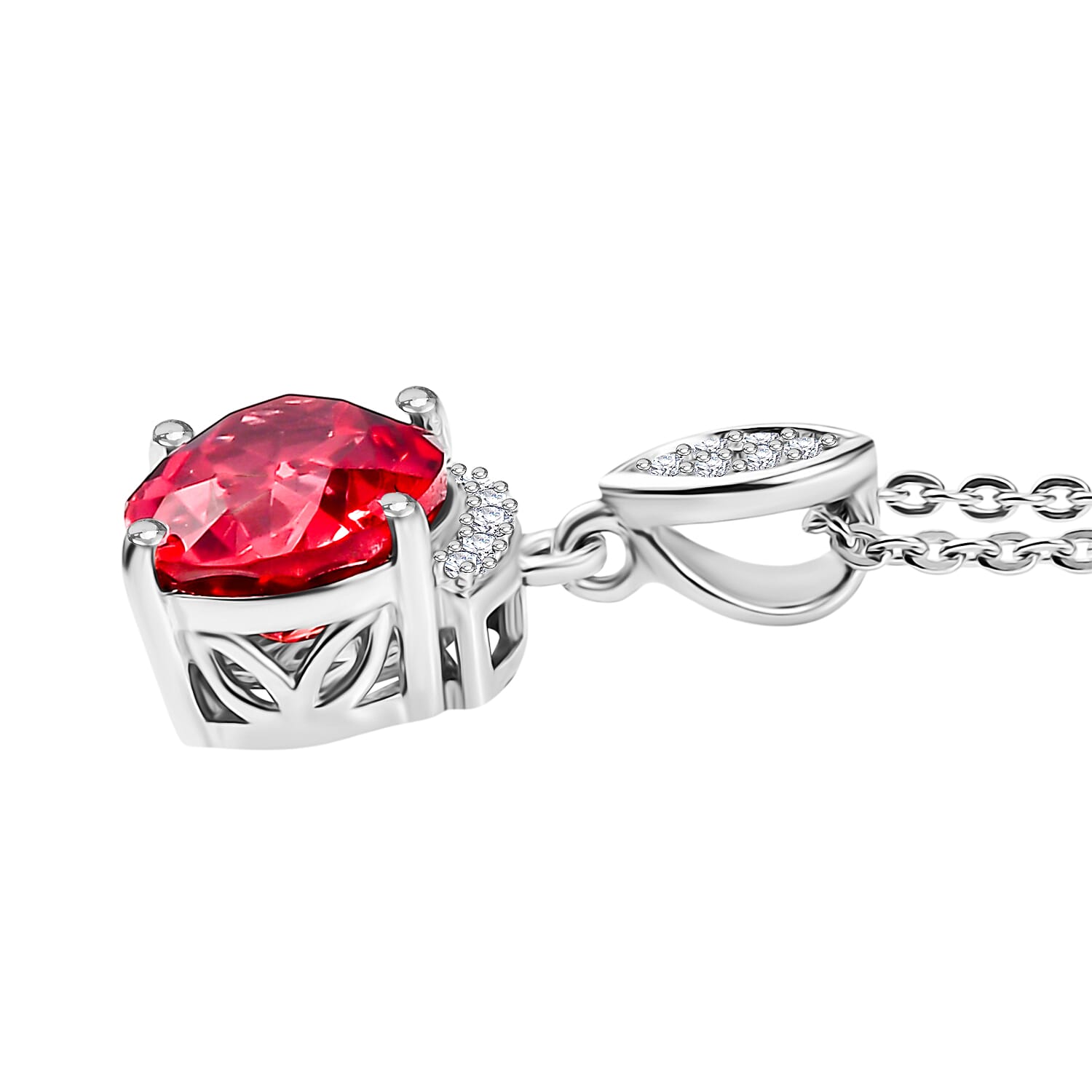 D'Joy Lab Grown Padparadscha Sapphire & White Zircon Pendant with Chain (Size 20) in Rhodium Overlay Sterling Silver 2.67 Ct.