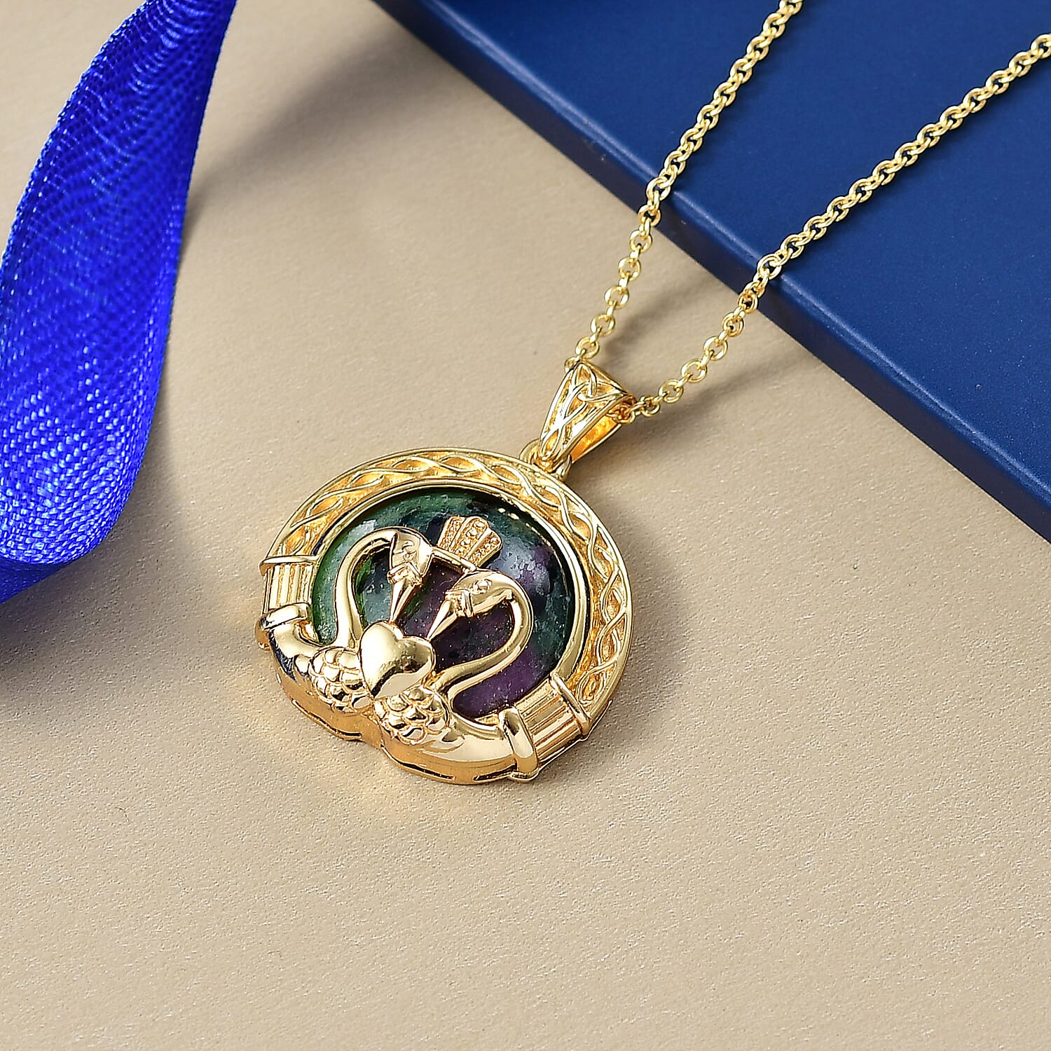 EverTrue Natural Ruby Zoisite Pendant with Chain (Size 20) in Yellow Gold Plated 27.30 Ct.