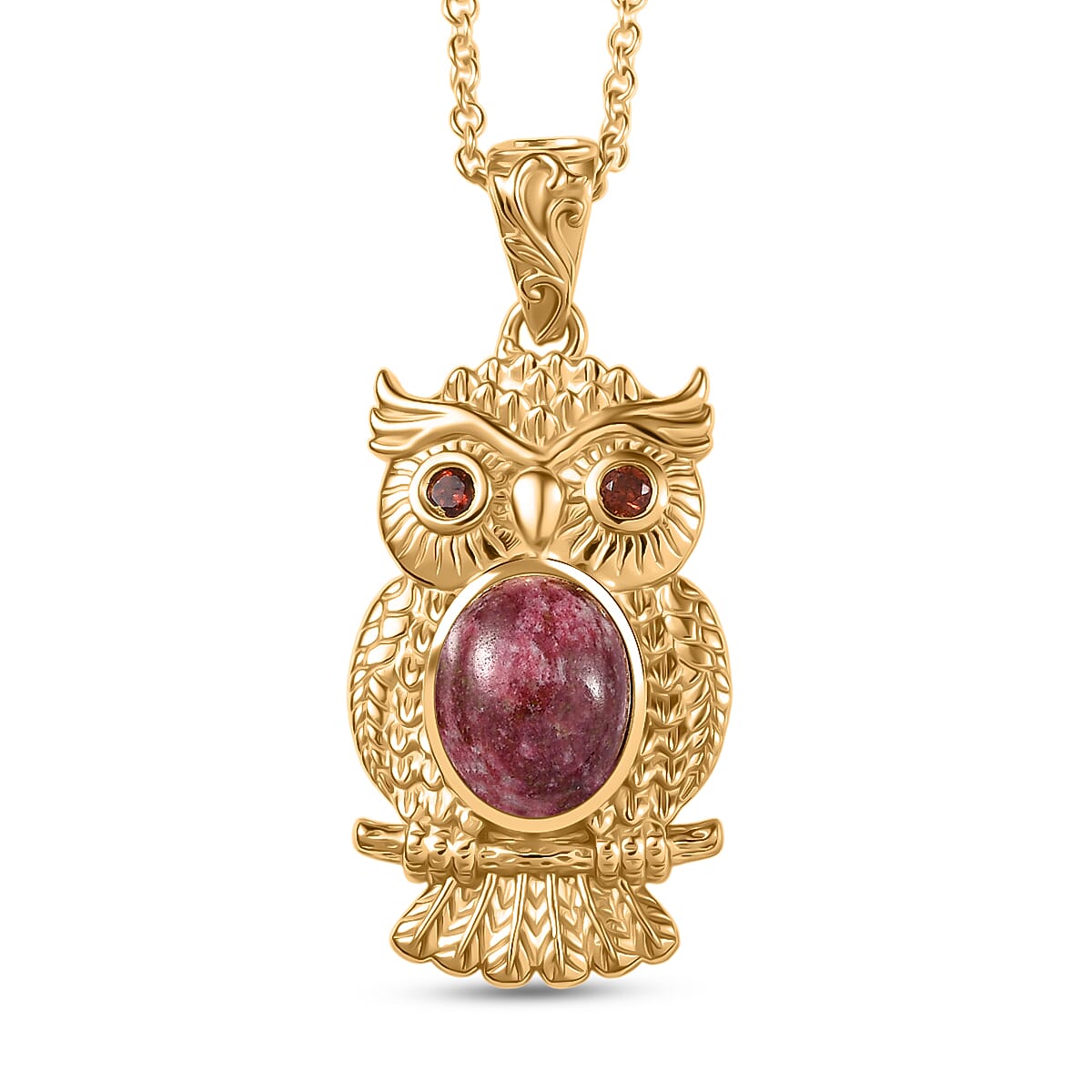 EverTrue Natural Thulite & Red Garnet Owl Pendant with Chain (Size 20) in Yellow Gold Plated 3.44 Ct.