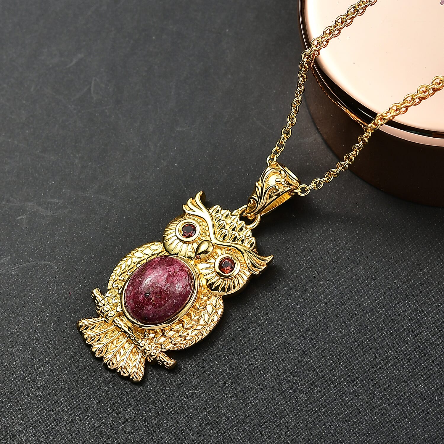 EverTrue Natural Thulite & Red Garnet Owl Pendant with Chain (Size 20) in Yellow Gold Plated 3.44 Ct.