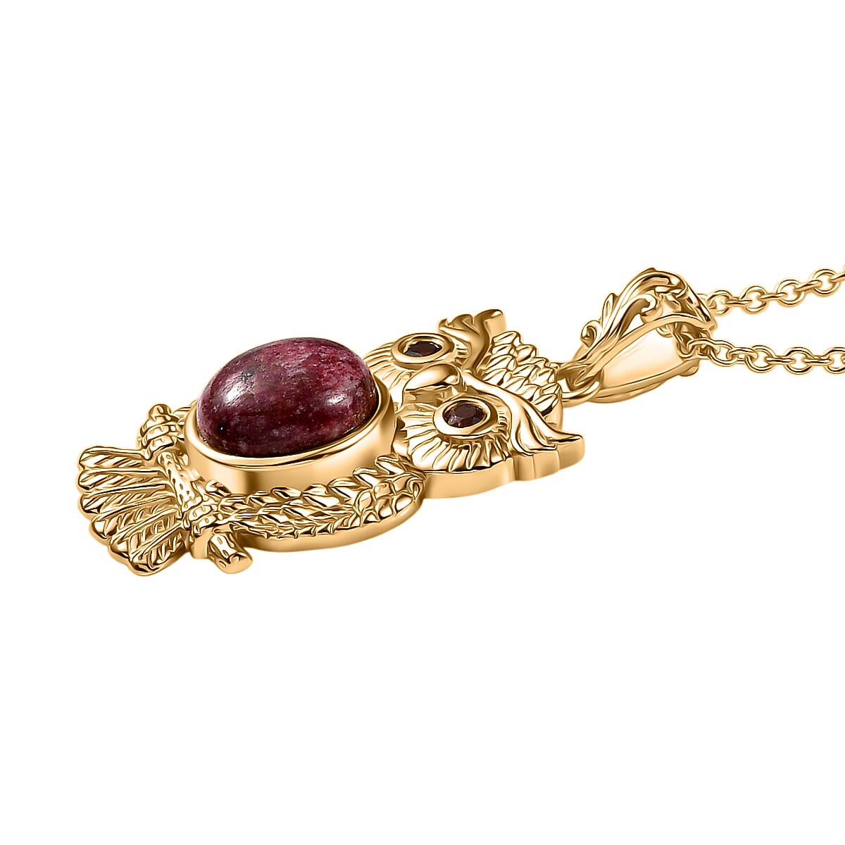 EverTrue Natural Thulite & Red Garnet Owl Pendant with Chain (Size 20) in Yellow Gold Plated 3.44 Ct.