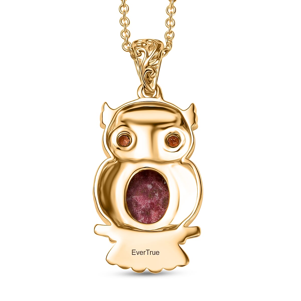 EverTrue Natural Thulite & Red Garnet Owl Pendant with Chain (Size 20) in Yellow Gold Plated 3.44 Ct.