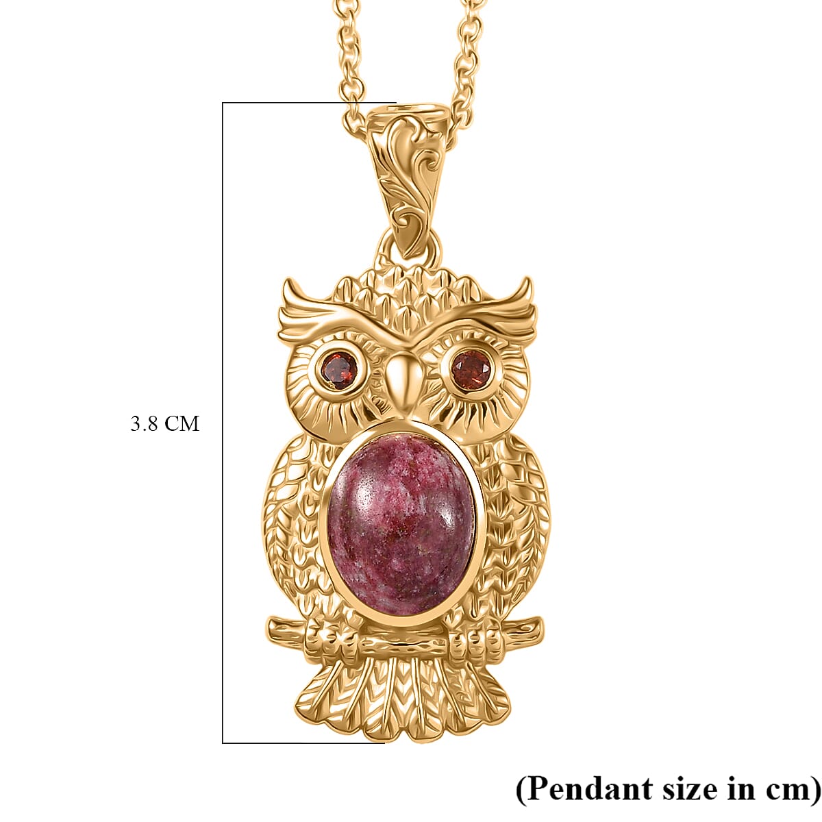 EverTrue Natural Thulite & Red Garnet Owl Pendant with Chain (Size 20) in Yellow Gold Plated 3.44 Ct.