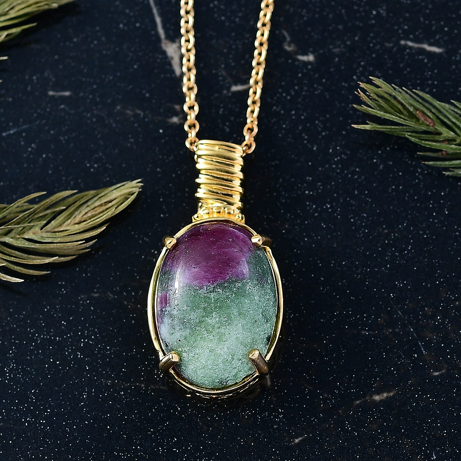 EverTrue Natural Ruby Zoisite Pendant with Chain (Size 20) in Yellow Gold Plated 14.93 Ct.