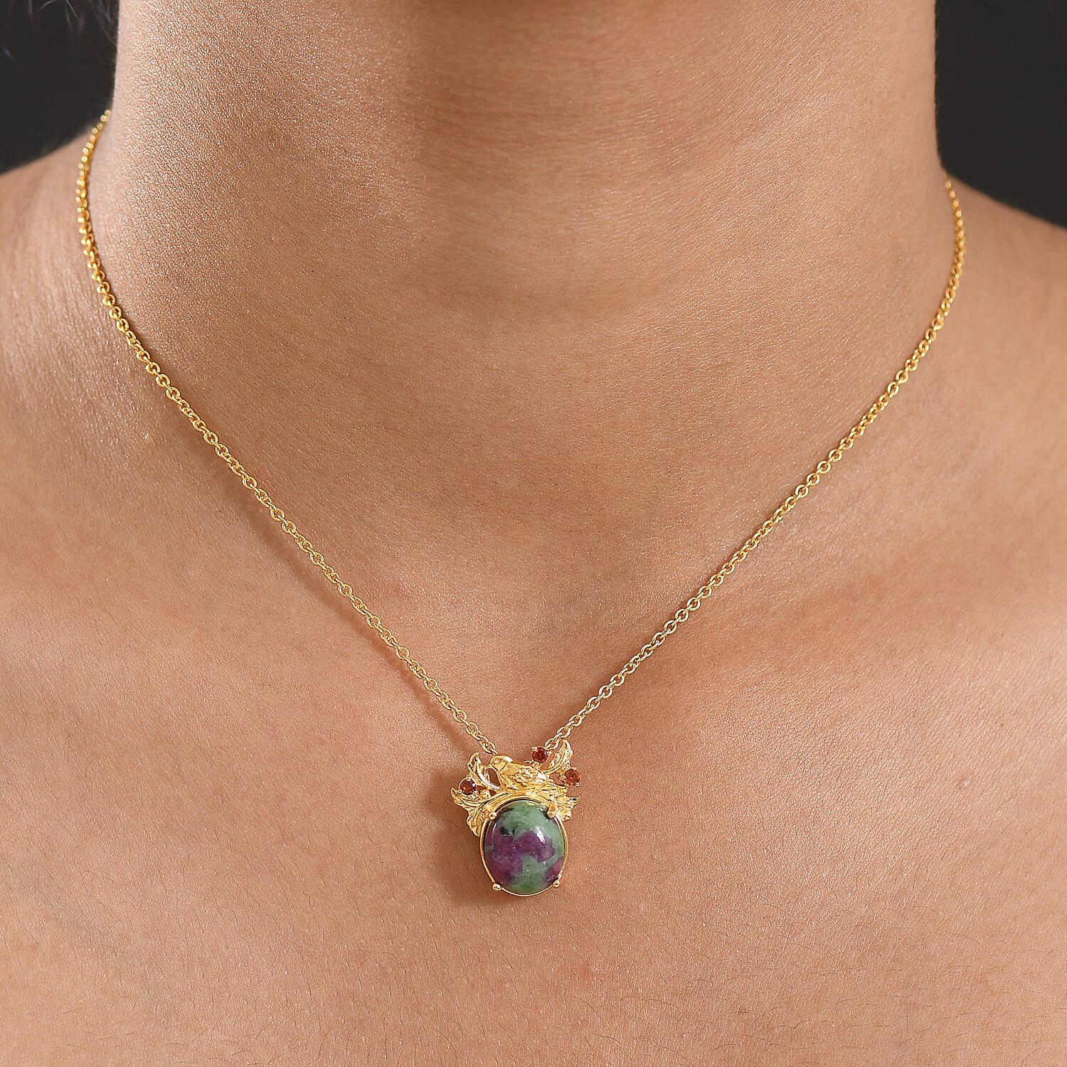 EverTrue Natural Ruby Zoisite & Red Garnet Pendant with Chain (Size 20) in Yellow Gold Plated 7.30 Ct.