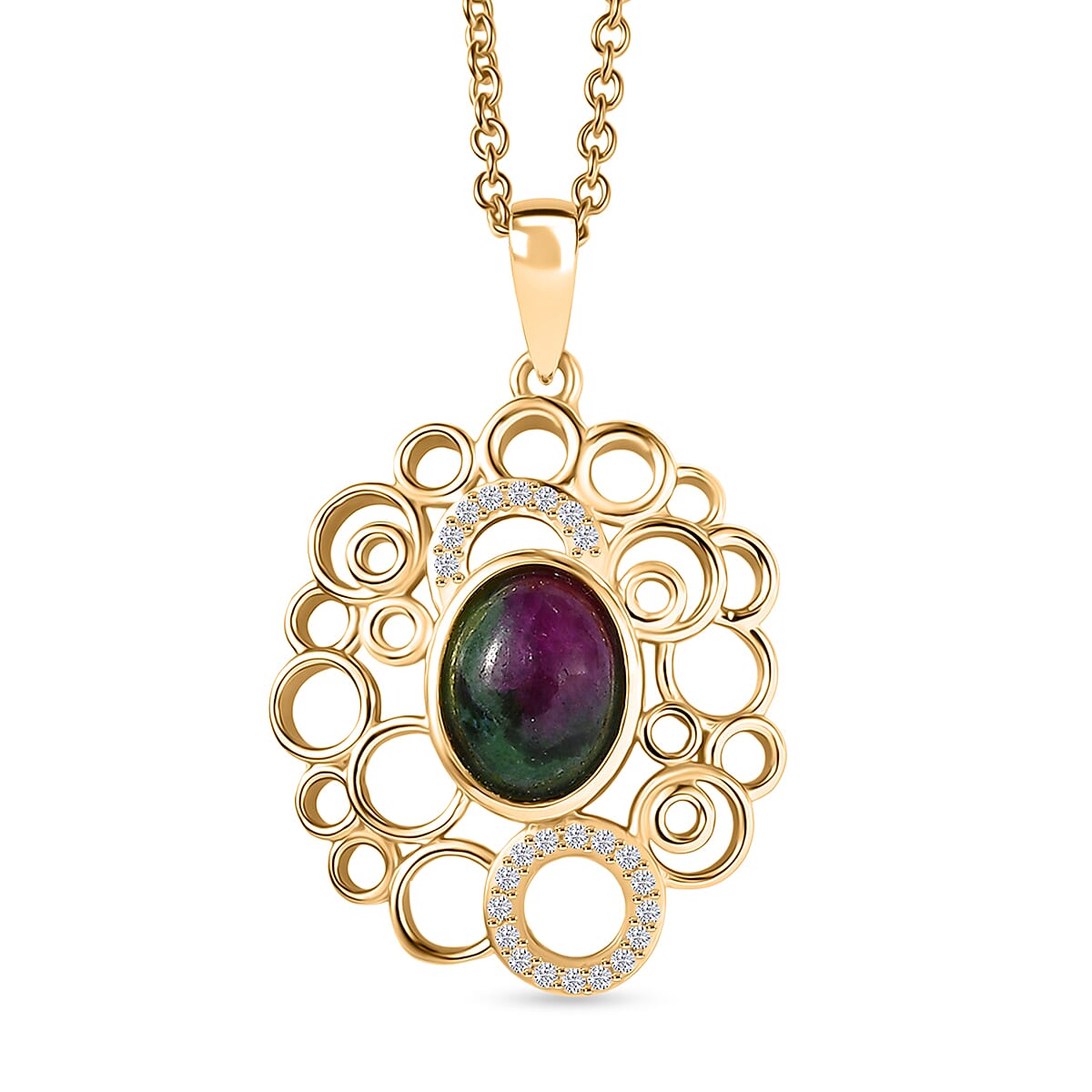 EverTrue Natural Ruby Zoisite & White Zircon Pendant with Chain (Size 20) in Yellow Gold Plated 3.06 Ct.