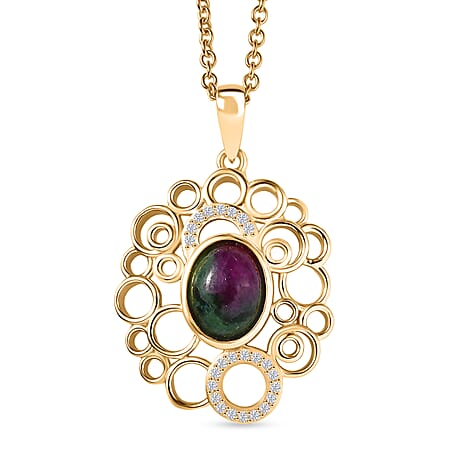 EverTrue Natural Ruby Zoisite & White Zircon Pendant with Chain (Size 20) in Yellow Gold Plated 3.06 Ct.