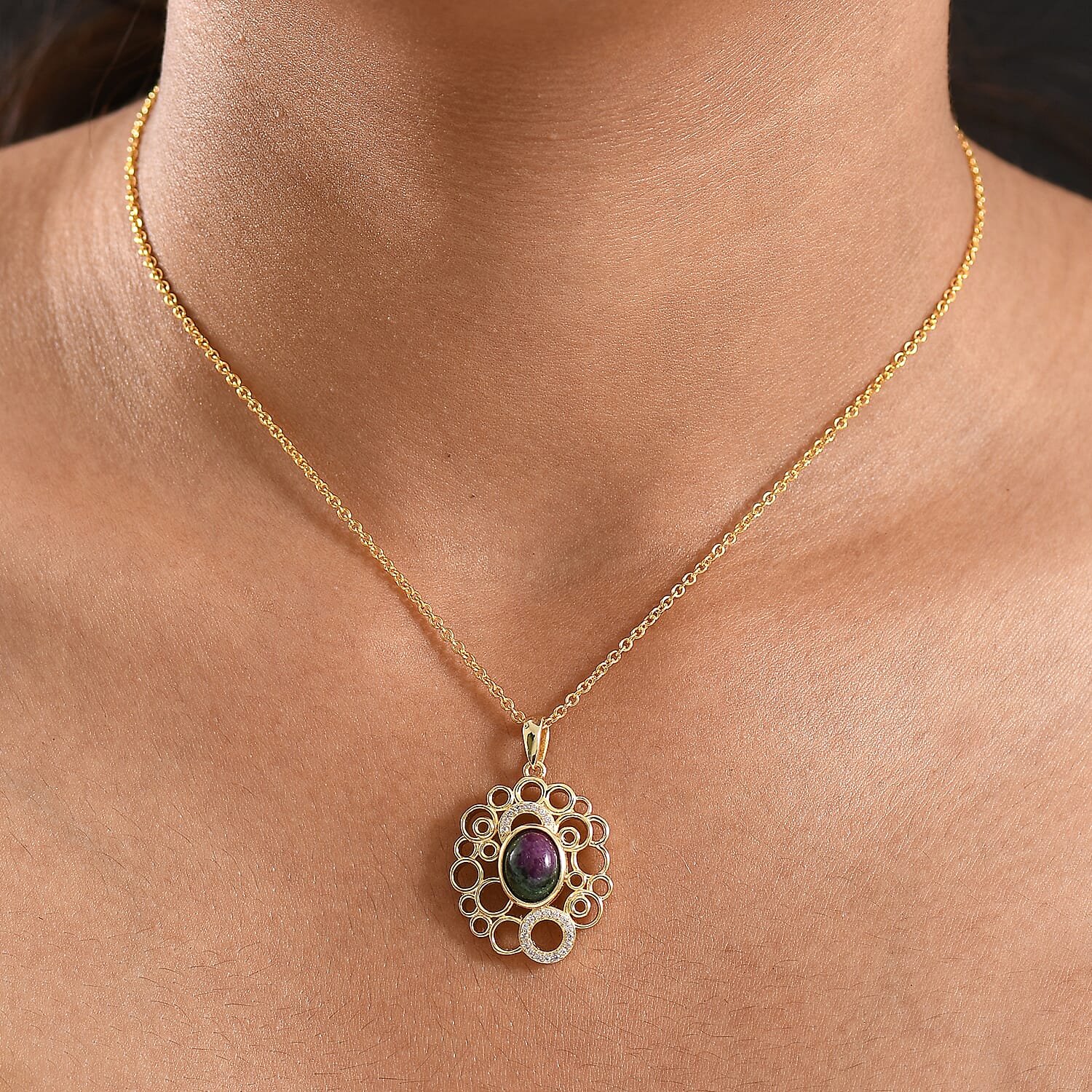 EverTrue Natural Ruby Zoisite & White Zircon Pendant with Chain (Size 20) in Yellow Gold Plated 3.06 Ct.