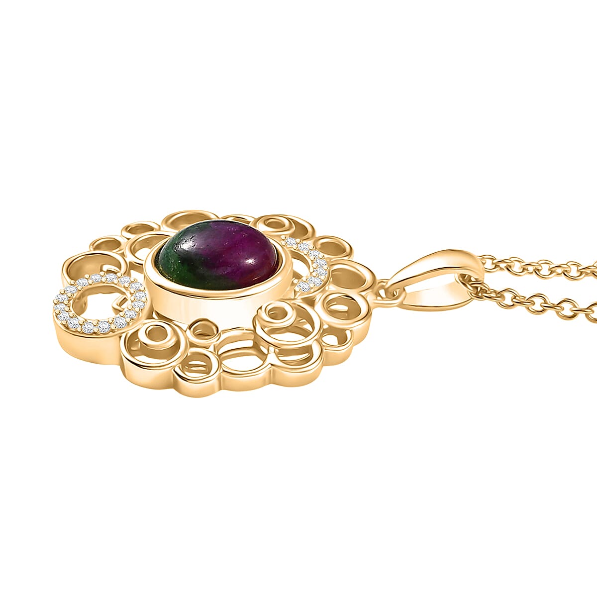 EverTrue Natural Ruby Zoisite & White Zircon Pendant with Chain (Size 20) in Yellow Gold Plated 3.06 Ct.