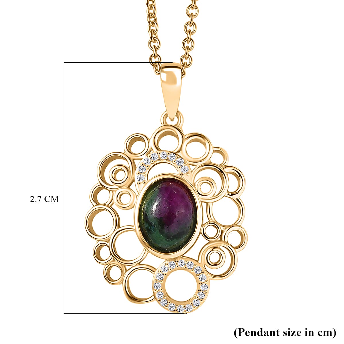 EverTrue Natural Ruby Zoisite & White Zircon Pendant with Chain (Size 20) in Yellow Gold Plated 3.06 Ct.