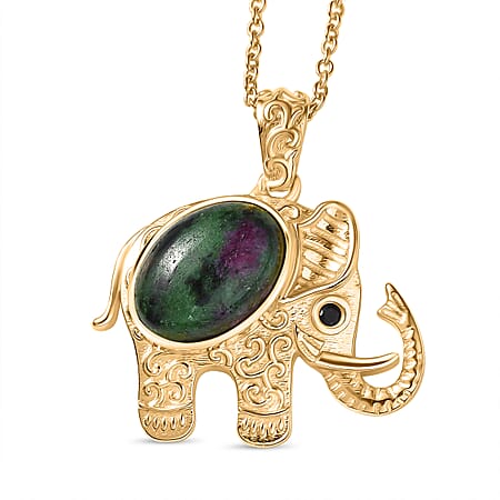 EverTrue Natural Ruby Zoisite & Black Spinel Elephant Pendant with Chain (Size 20) in Yellow Gold Plated EverTrue Natural Ruby Zoisite & Black Spinel Elephant Pendant with Chain (Size 20) in Yellow Gold Plated