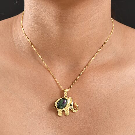 EverTrue Natural Ruby Zoisite & Black Spinel Elephant Pendant with Chain (Size 20) in Yellow Gold Plated