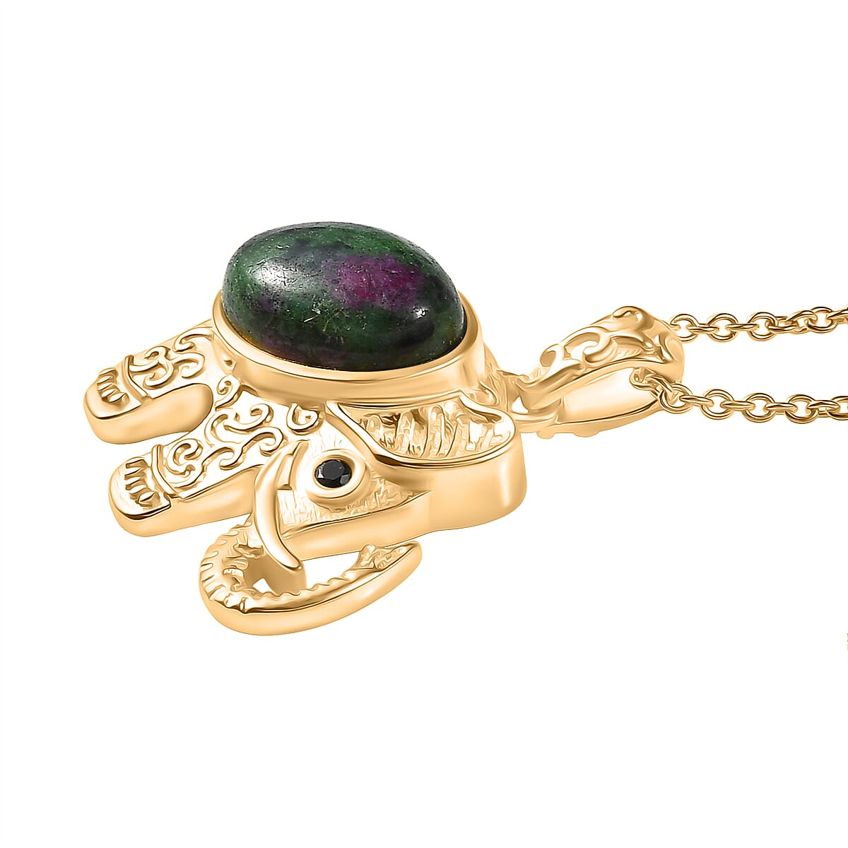 EverTrue Natural Ruby Zoisite & Black Spinel Elephant Pendant with Chain (Size 20) in Yellow Gold Plated