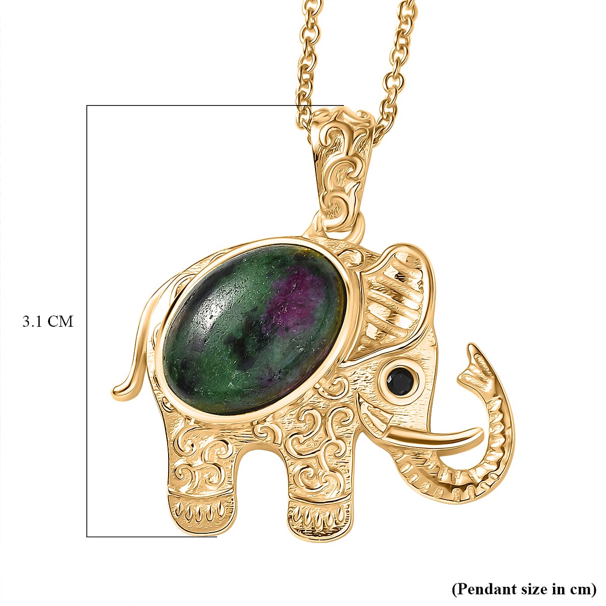 EverTrue Natural Ruby Zoisite & Black Spinel Elephant Pendant with Chain (Size 20) in Yellow Gold Plated