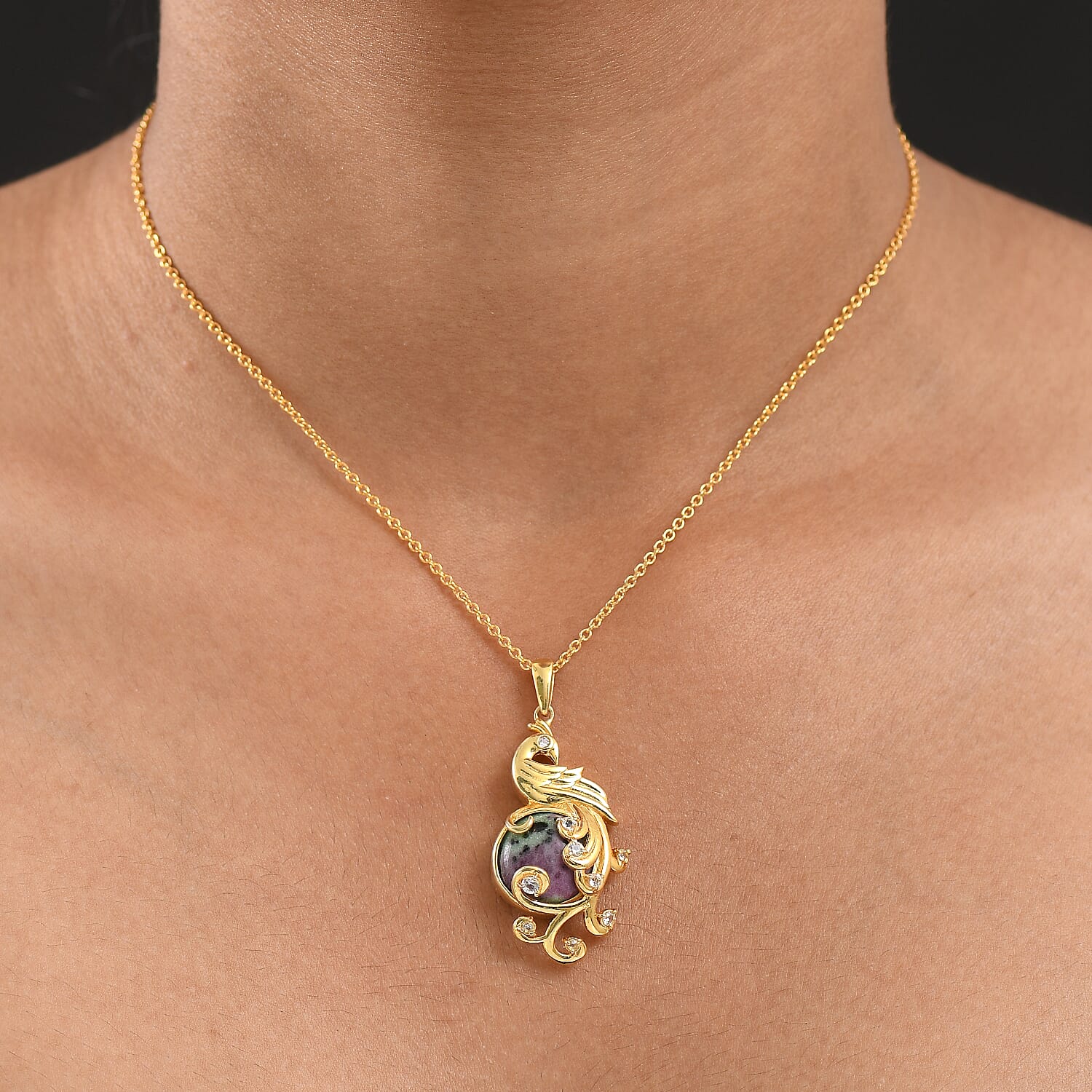 EverTrue Natural Ruby Zoisite & White Topaz Pendant with Chain (Size 20) in Yellow Gold Plated 13.29 Ct.