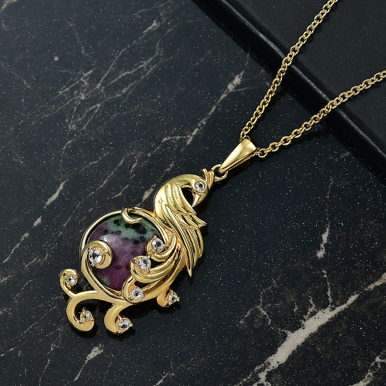 EverTrue Natural Ruby Zoisite & White Topaz Pendant with Chain (Size 20) in Yellow Gold Plated 13.29 Ct.