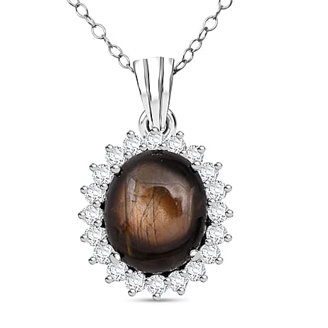 D'Joy Chantaburi Black Star Sapphire & Moissanite Pendant with Chain (Size 20) in Rhodium Overlay Sterling Silver 11.98 Ct.