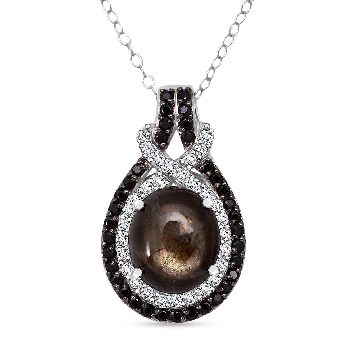 Chantaburi Black Star Sapphire, Natural Zircon & Black Spinel Pendant with Chain (Size 20) in Rhodium Overlay Sterling Silver 10.21 Ct, Silver Wt. 5.19 Gms.