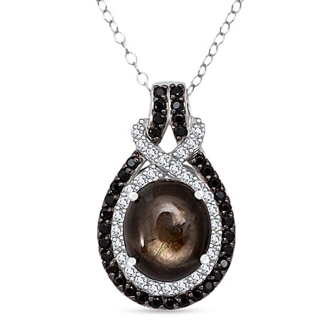 Chantaburi Black Star Sapphire, Natural Zircon & Black Spinel Pendant with Chain (Size 20) in Rhodium Overlay Sterling Silver 10.21 Ct, Silver Wt. 5.19 Gms.