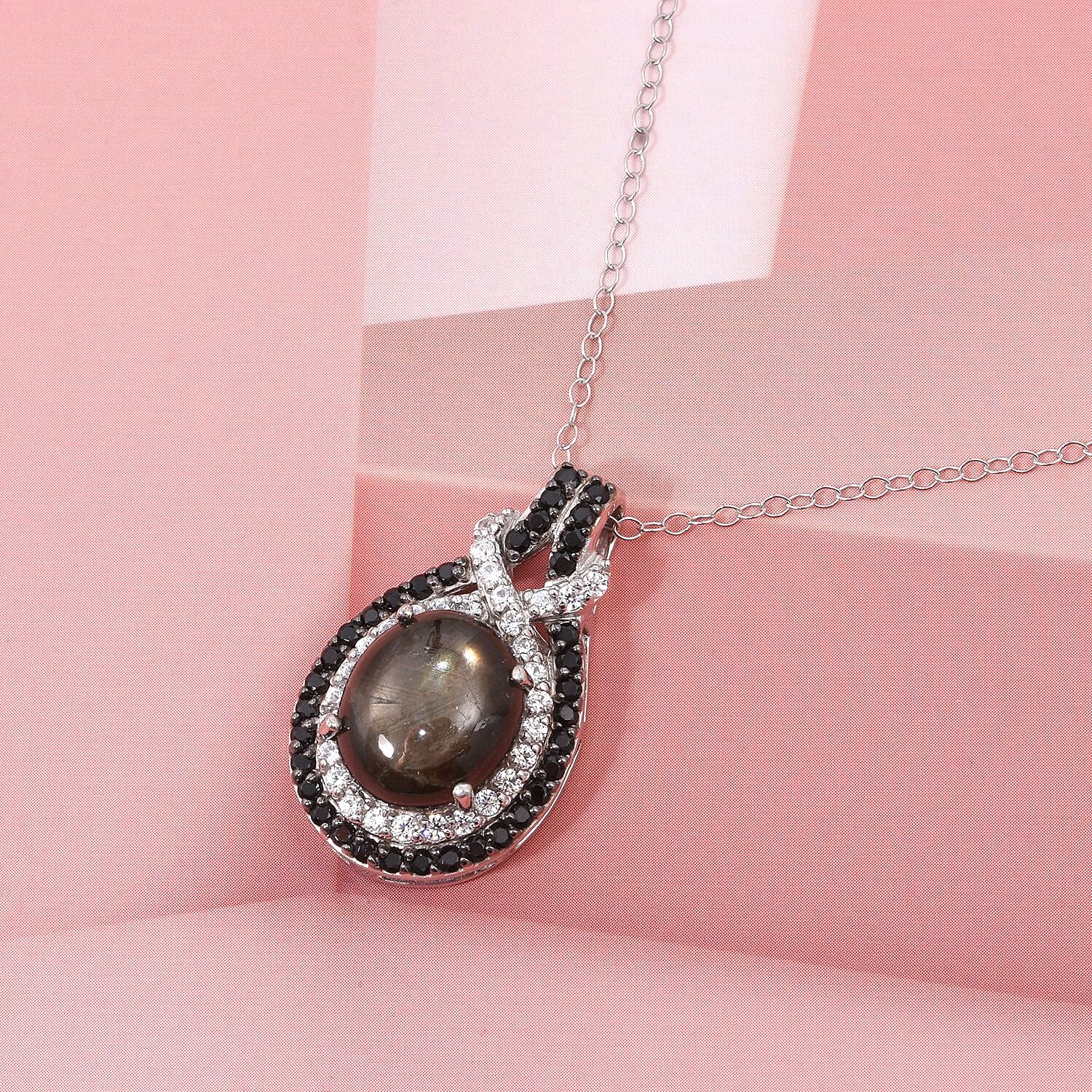 Chantaburi Black Star Sapphire, Natural Zircon & Black Spinel Pendant with Chain (Size 20) in Rhodium Overlay Sterling Silver 10.21 Ct, Silver Wt. 5.19 Gms.