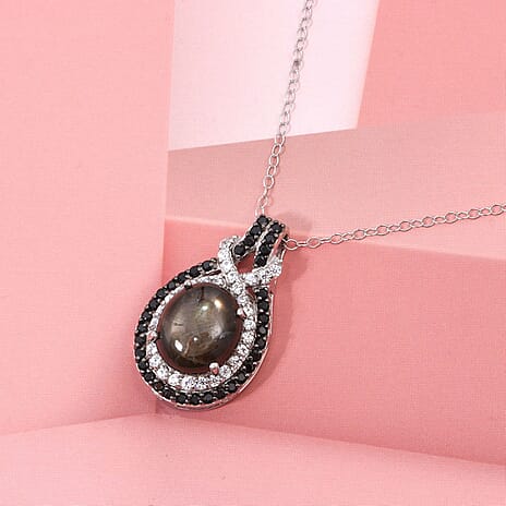 Chantaburi Black Star Sapphire, Natural Zircon & Black Spinel Pendant with Chain (Size 20) in Rhodium Overlay Sterling Silver 10.21 Ct, Silver Wt. 5.19 Gms.