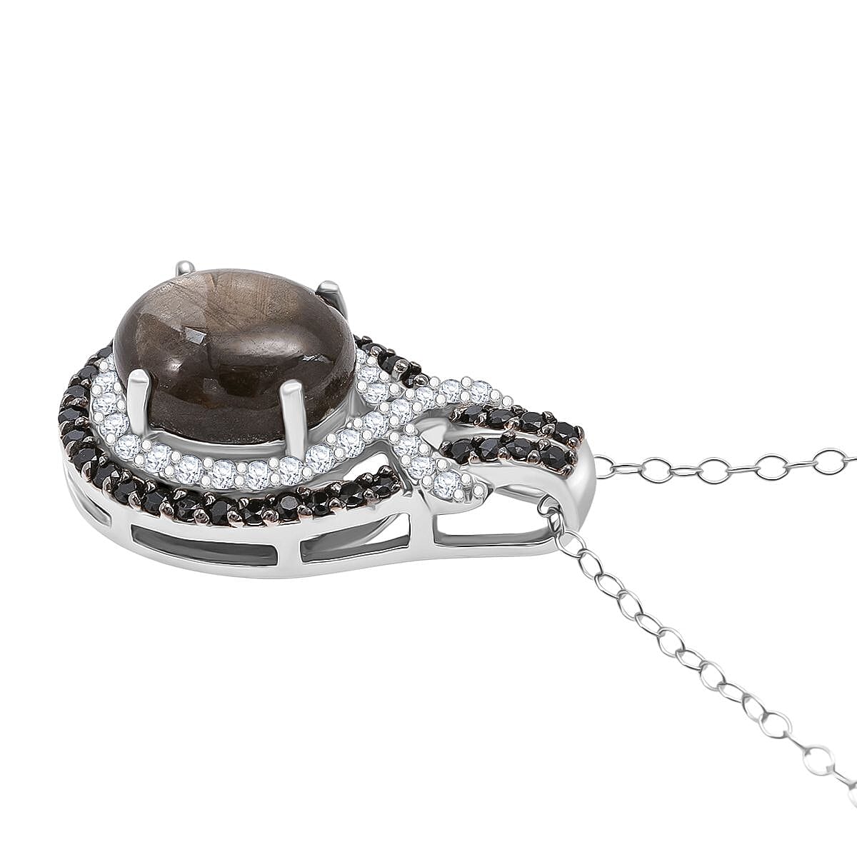 Chantaburi Black Star Sapphire, Natural Zircon & Black Spinel Pendant with Chain (Size 20) in Rhodium Overlay Sterling Silver 10.21 Ct, Silver Wt. 5.19 Gms.
