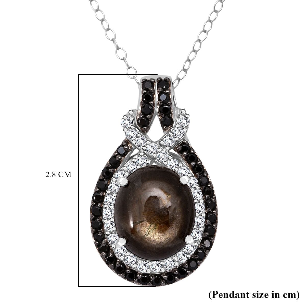 Chantaburi Black Star Sapphire, Natural Zircon & Black Spinel Pendant with Chain (Size 20) in Rhodium Overlay Sterling Silver 10.21 Ct, Silver Wt. 5.19 Gms.