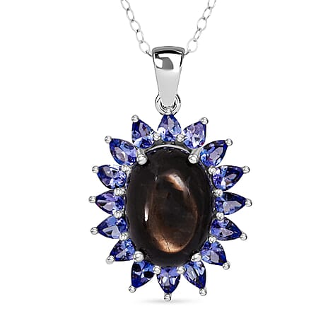 D'Joy Chantaburi Black Star Sapphire & Tanzanite Pendant with Chain (Size 20) in Rhodium Overlay Sterling Silver 14.44 Ct.