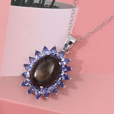 D'Joy Chantaburi Black Star Sapphire & Tanzanite Pendant with Chain (Size 20) in Rhodium Overlay Sterling Silver 14.44 Ct.