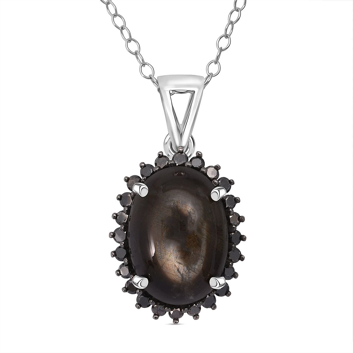D'Joy Chantaburi Black Star Sapphire & Black Diamond Pendant with Chain (Size 20) in Rhodium Overlay Sterling Silver 11.05 Ct.