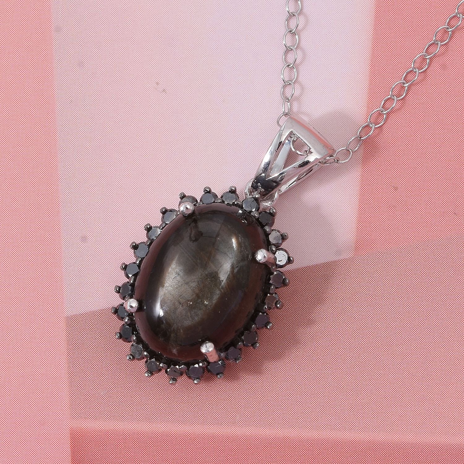 D'Joy Chantaburi Black Star Sapphire & Black Diamond Pendant with Chain (Size 20) in Rhodium Overlay Sterling Silver 11.05 Ct.