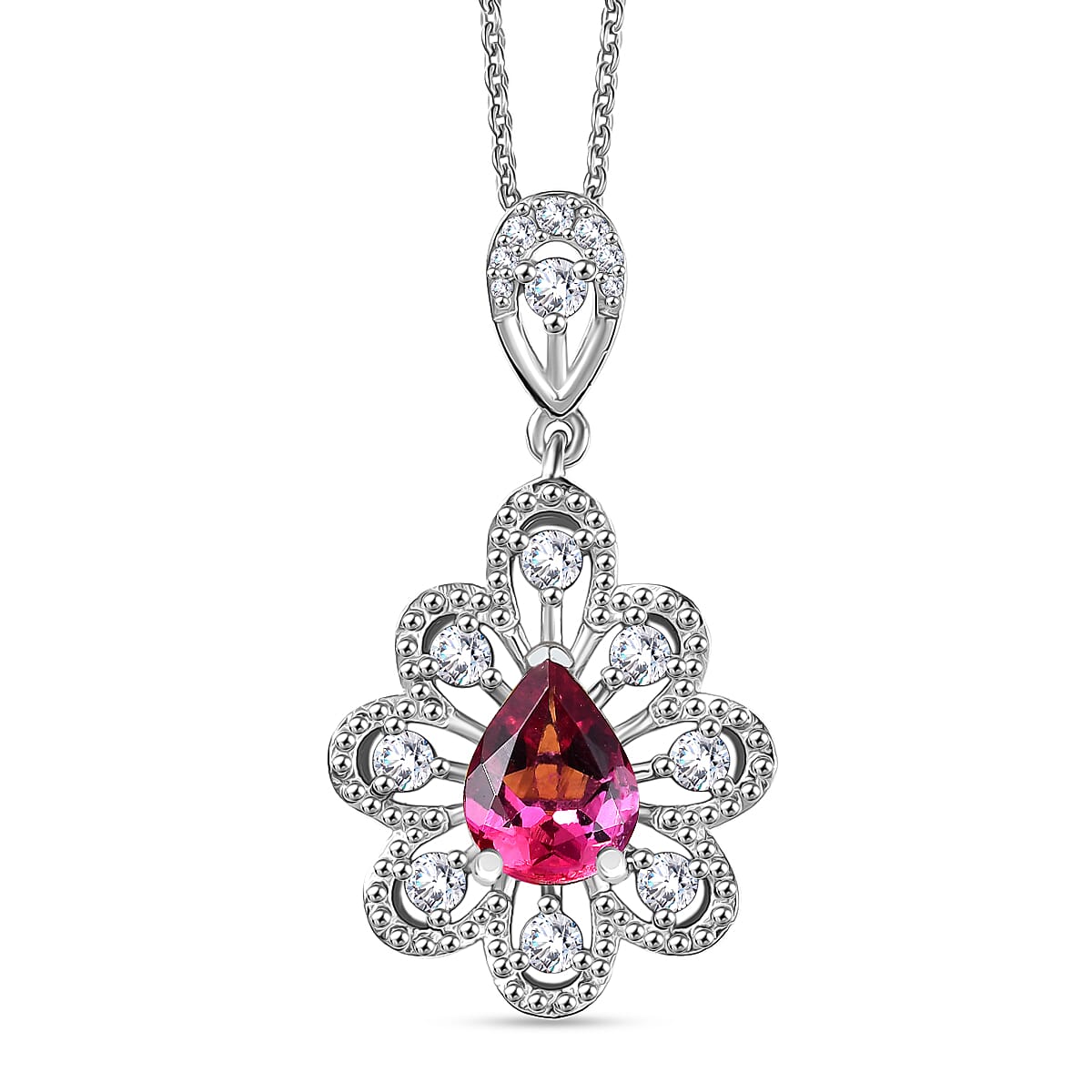 D'Joy Lab Grown Bixbite & White Zircon Pendant with Chain (Size 20) in Platinum Overlay Sterling Silver 1.44 Ct, Silver Wt. 5.09 Gms.