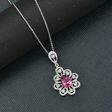 D'Joy Lab Grown Bixbite & White Zircon Pendant with Chain (Size 20) in Platinum Overlay Sterling Silver 1.44 Ct, Silver Wt. 5.09 Gms.