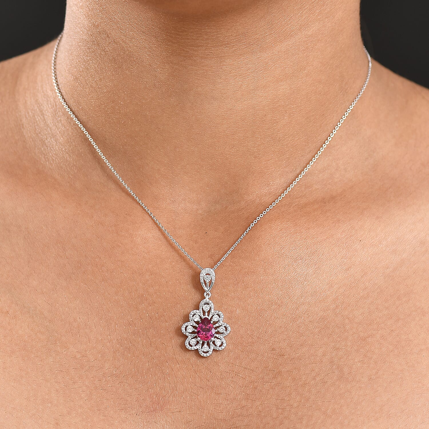 D'Joy Lab Grown Bixbite & White Zircon Pendant with Chain (Size 20) in Platinum Overlay Sterling Silver 1.44 Ct, Silver Wt. 5.09 Gms.