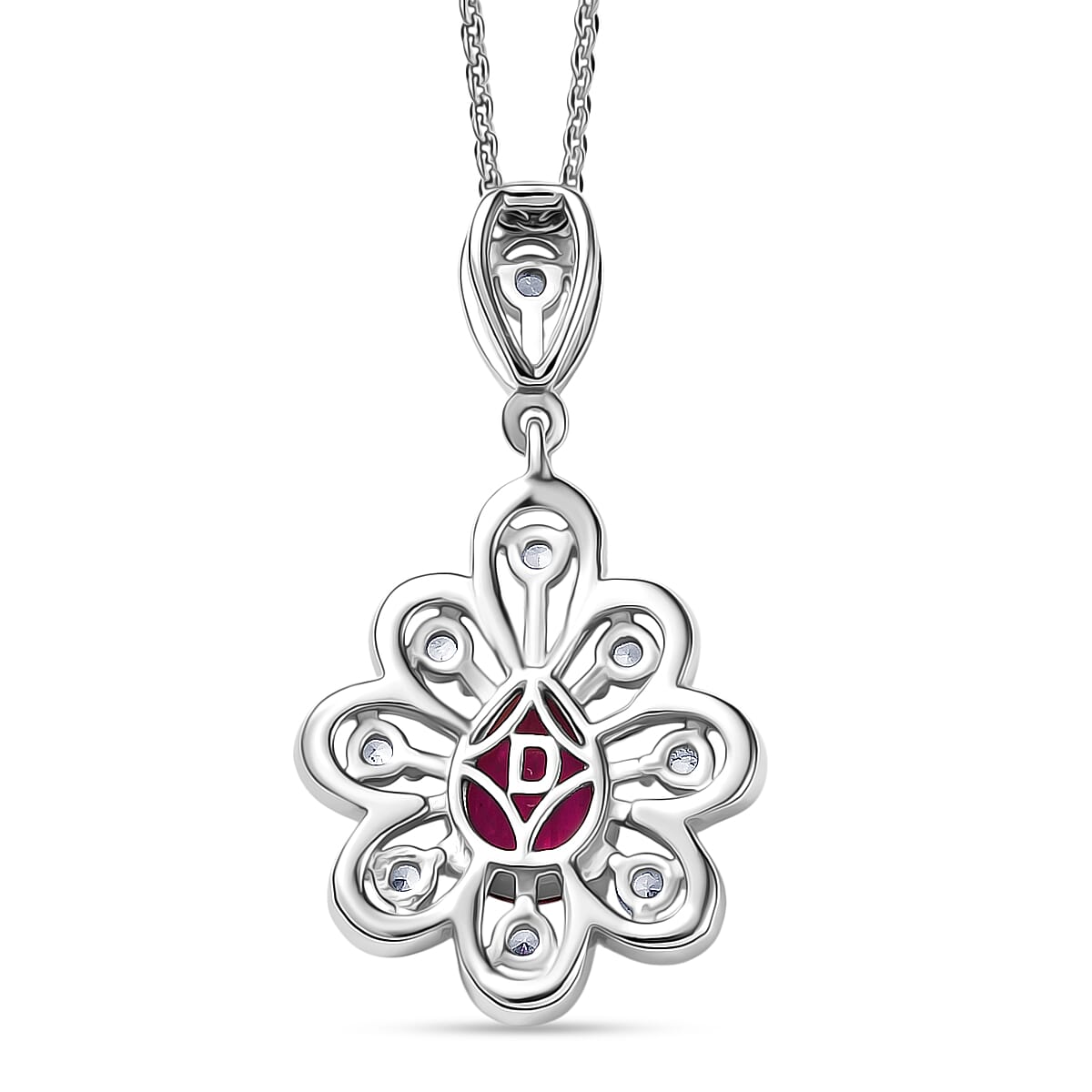 D'Joy Lab Grown Bixbite & White Zircon Pendant with Chain (Size 20) in Platinum Overlay Sterling Silver 1.44 Ct, Silver Wt. 5.09 Gms.