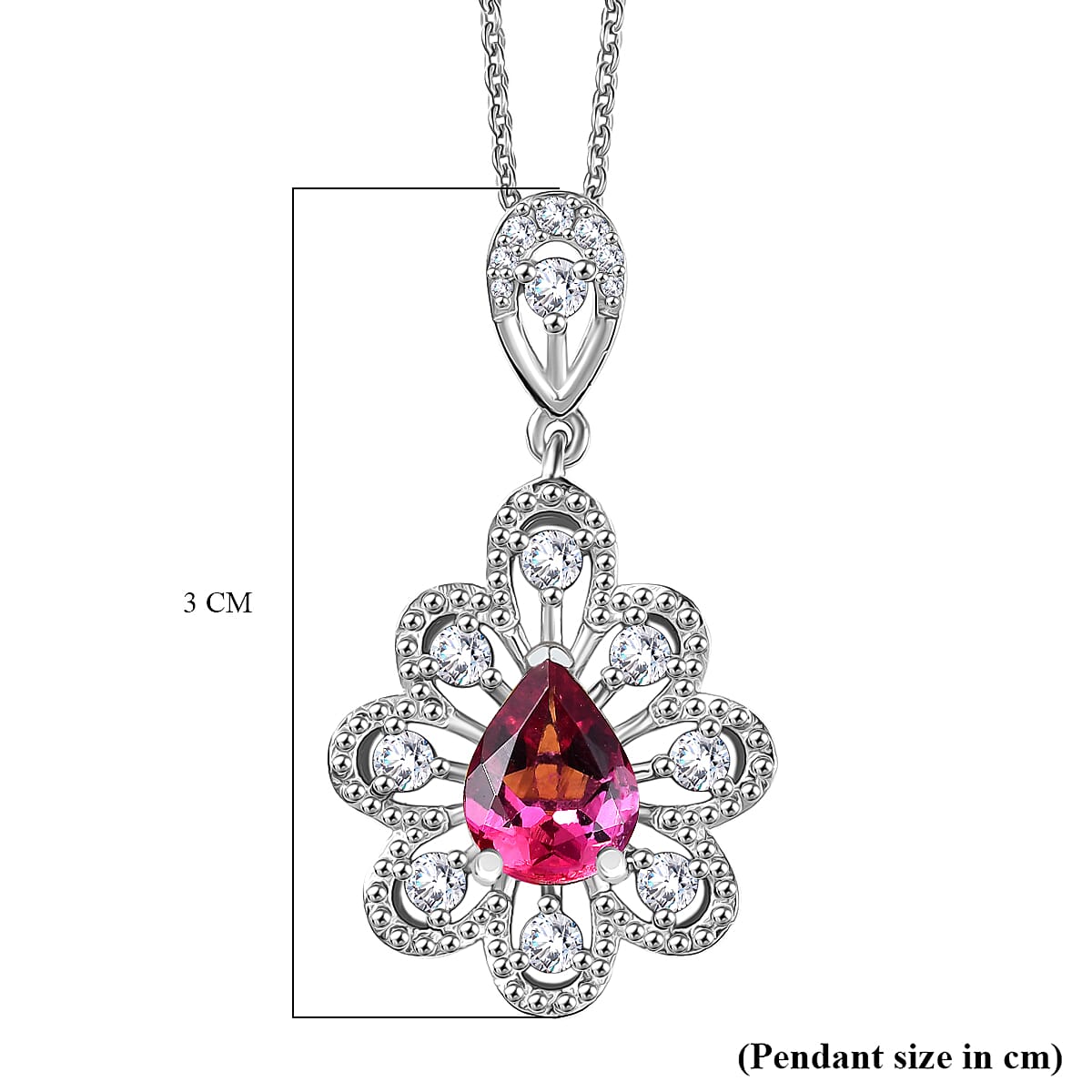 D'Joy Lab Grown Bixbite & White Zircon Pendant with Chain (Size 20) in Platinum Overlay Sterling Silver 1.44 Ct, Silver Wt. 5.09 Gms.