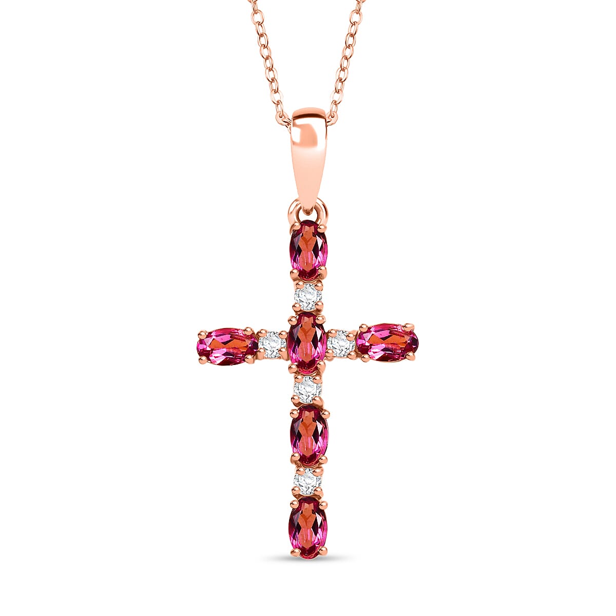 D'Joy Lab Grown Bixbite & Moissanite Cross Pendant with Chain (Size 20) in 14K Rose Gold Plated Sterling Silver 1.66 Ct.