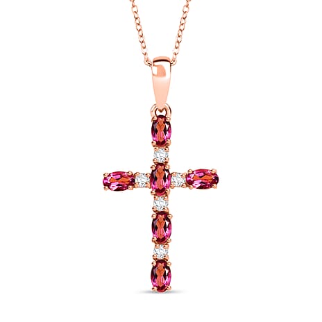 D'Joy Lab Grown Bixbite & Moissanite Cross Pendant with Chain (Size 20) in 14K Rose Gold Plated Sterling Silver 1.66 Ct.