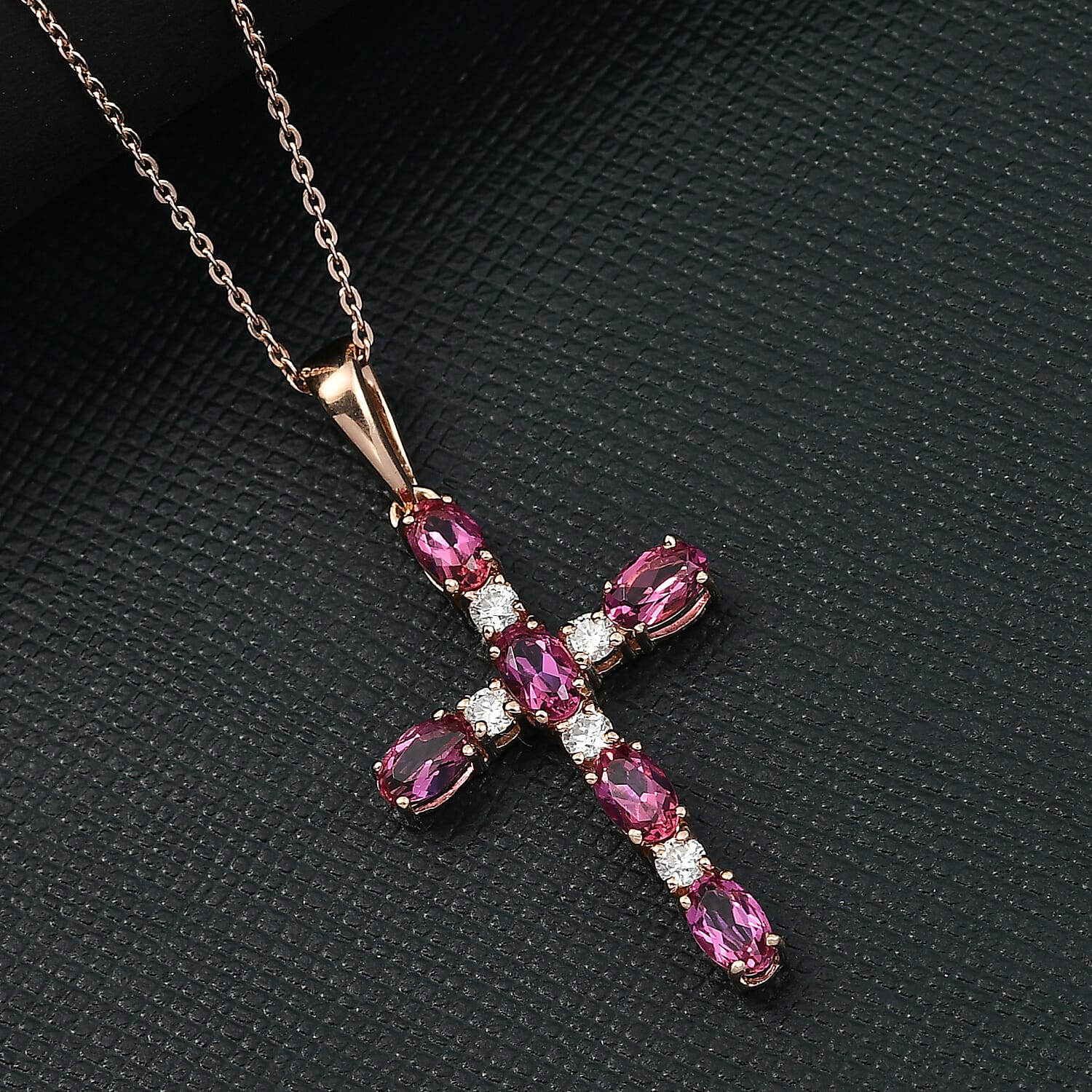D'Joy Lab Grown Bixbite & Moissanite Cross Pendant with Chain (Size 20) in 14K Rose Gold Plated Sterling Silver 1.66 Ct.