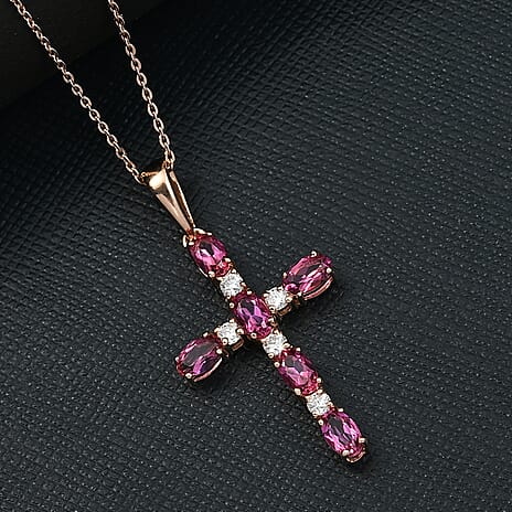 D'Joy Lab Grown Bixbite & Moissanite Cross Pendant with Chain (Size 20) in 14K Rose Gold Plated Sterling Silver 1.66 Ct.