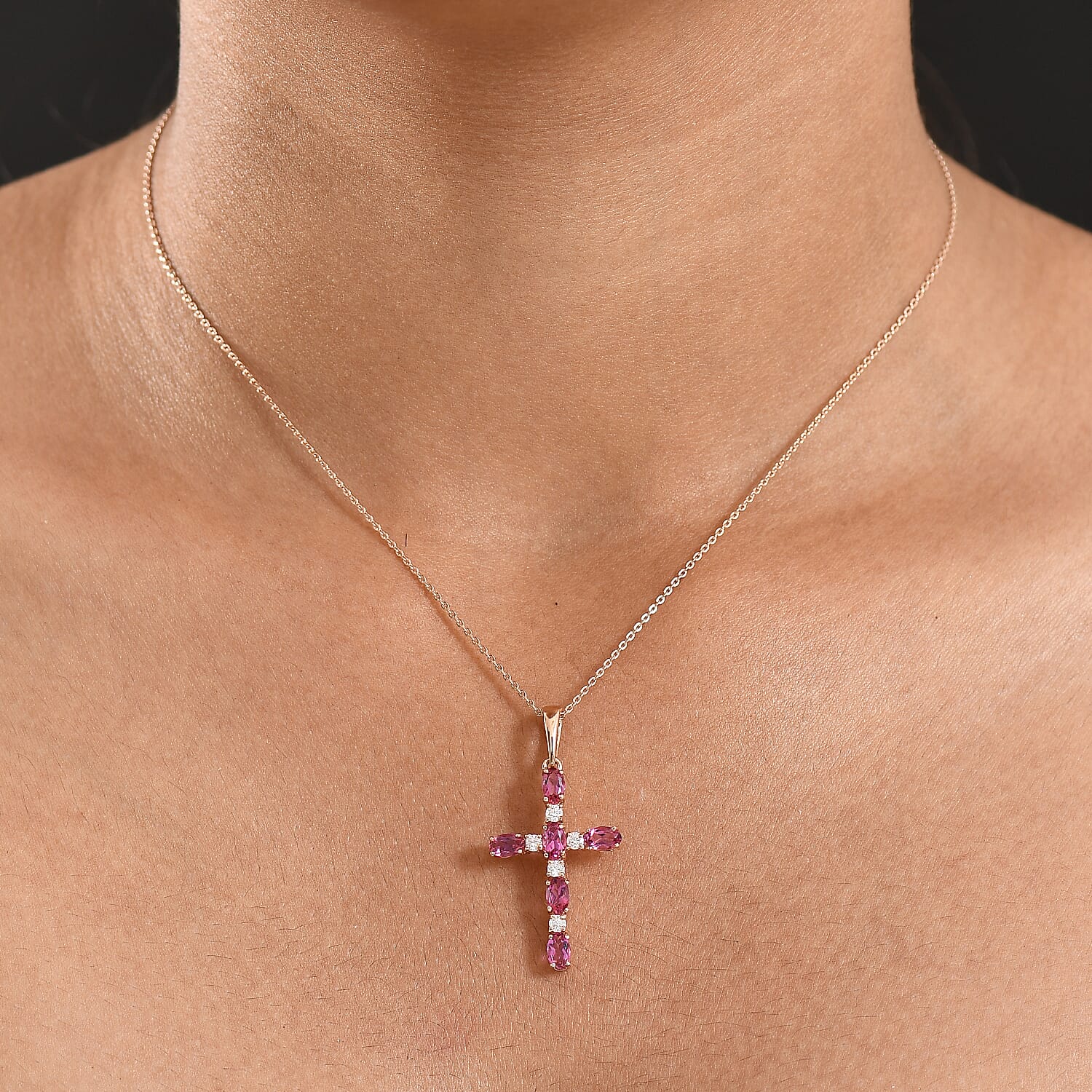 D'Joy Lab Grown Bixbite & Moissanite Cross Pendant with Chain (Size 20) in 14K Rose Gold Plated Sterling Silver 1.66 Ct.