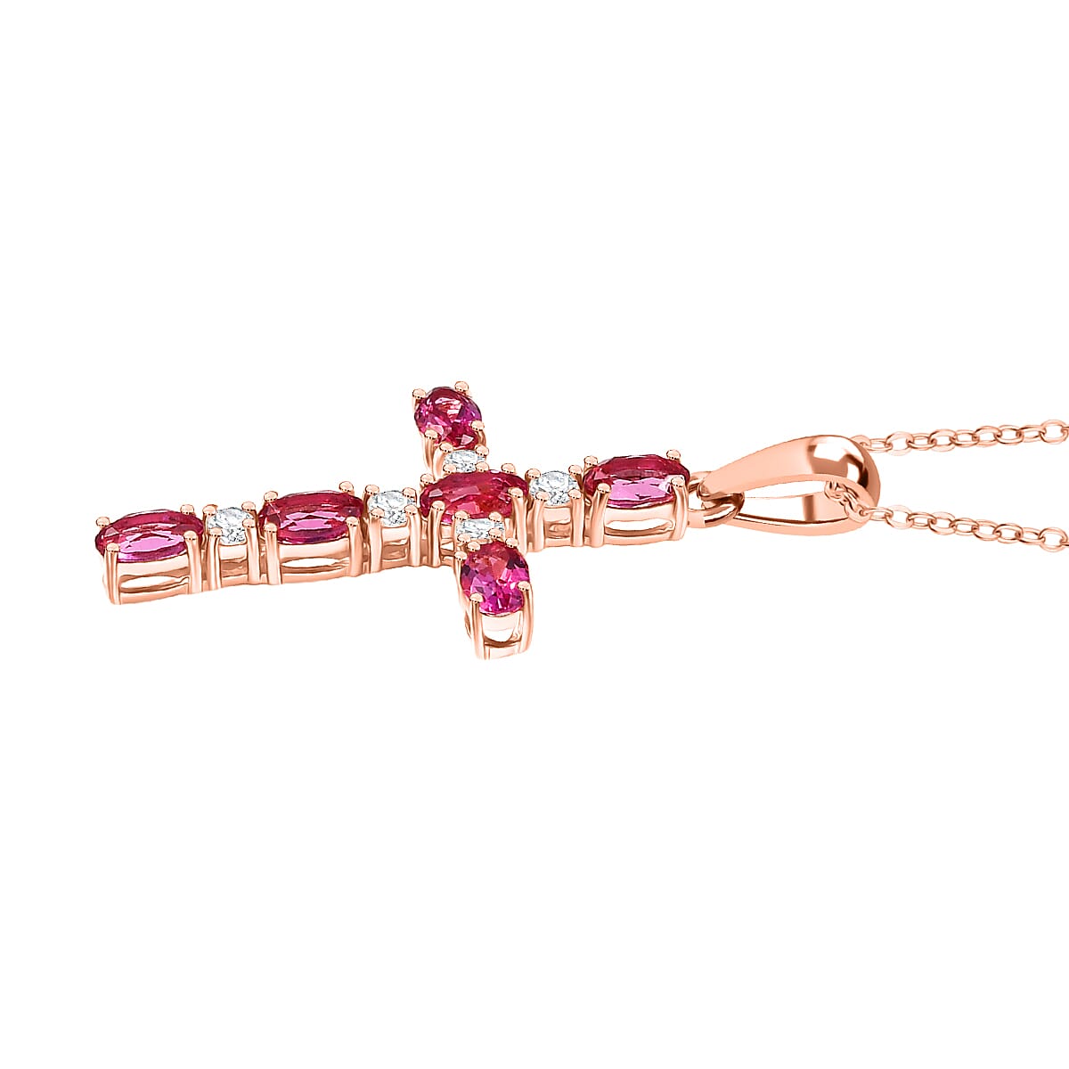 D'Joy Lab Grown Bixbite & Moissanite Cross Pendant with Chain (Size 20) in 14K Rose Gold Plated Sterling Silver 1.66 Ct.