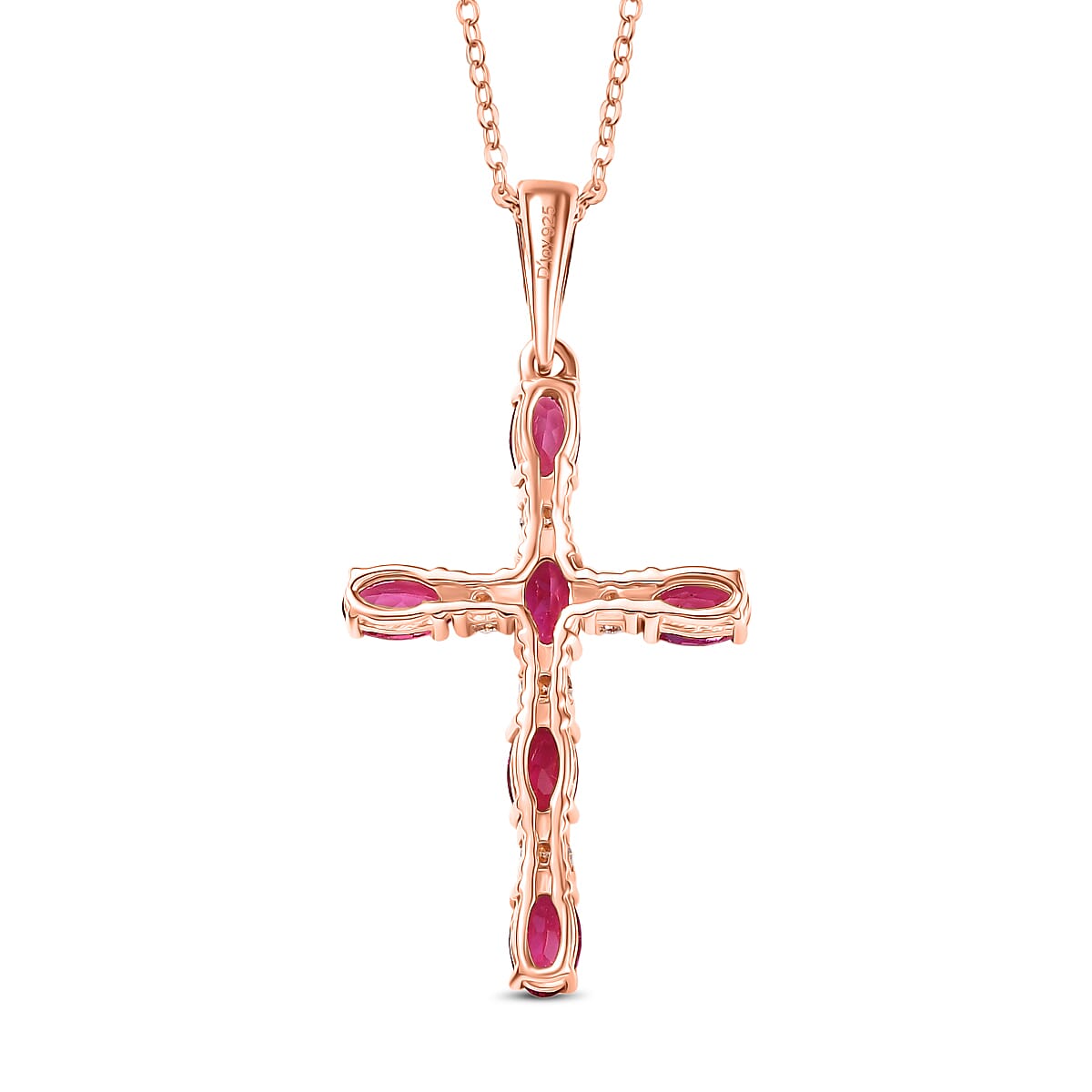 D'Joy Lab Grown Bixbite & Moissanite Cross Pendant with Chain (Size 20) in 14K Rose Gold Plated Sterling Silver 1.66 Ct.