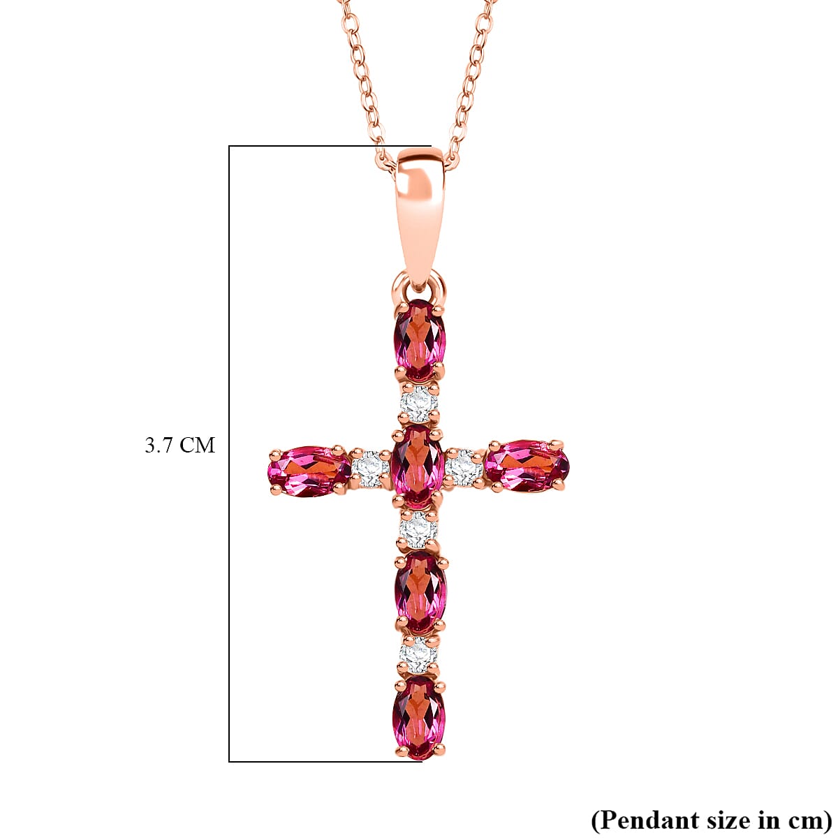 D'Joy Lab Grown Bixbite & Moissanite Cross Pendant with Chain (Size 20) in 14K Rose Gold Plated Sterling Silver 1.66 Ct.