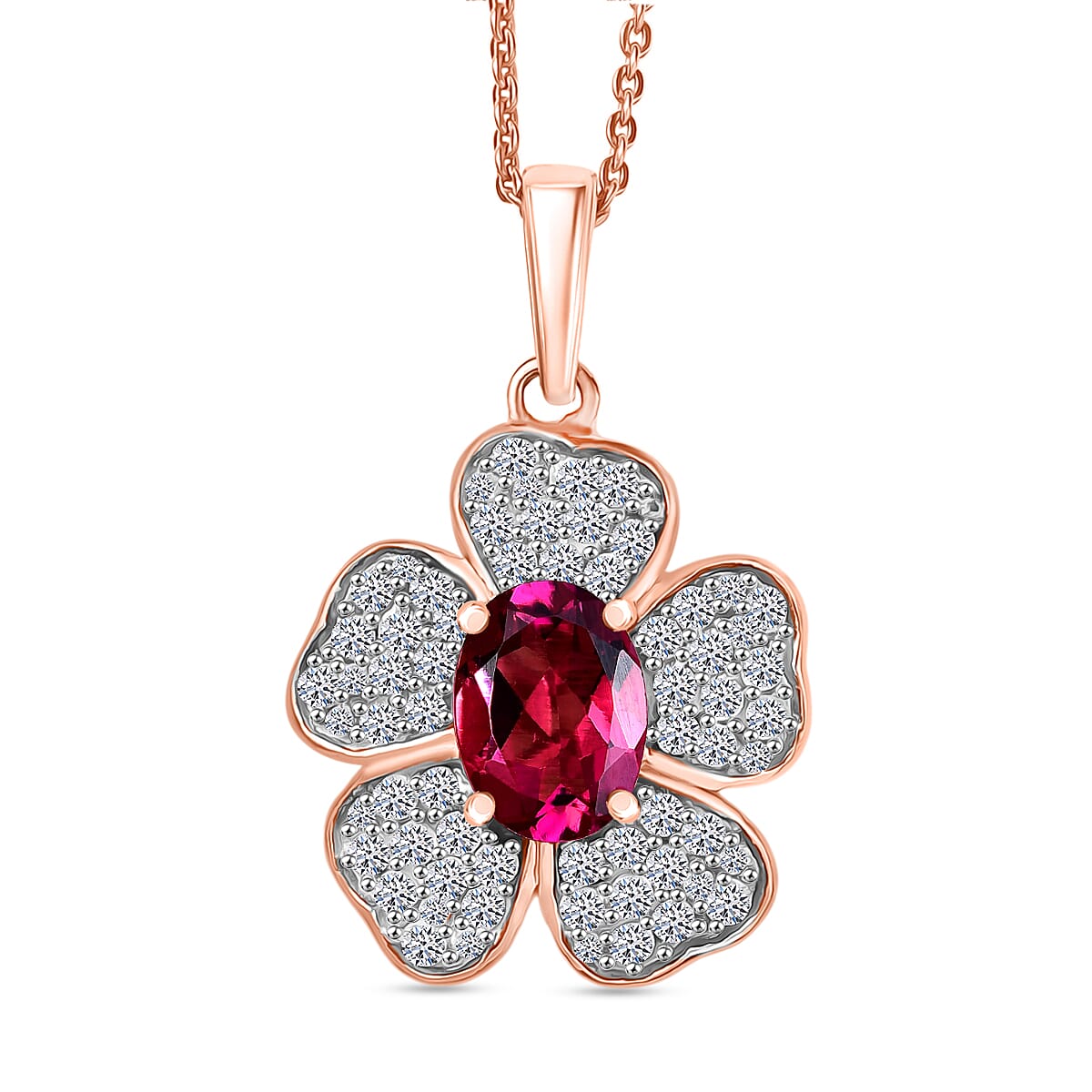 Lab Grown Bixbite & White Zircon Pendant with Chain (Size 20) in 18K Vermeil Rose Gold Plated Sterling Silver 2.16 Ct.