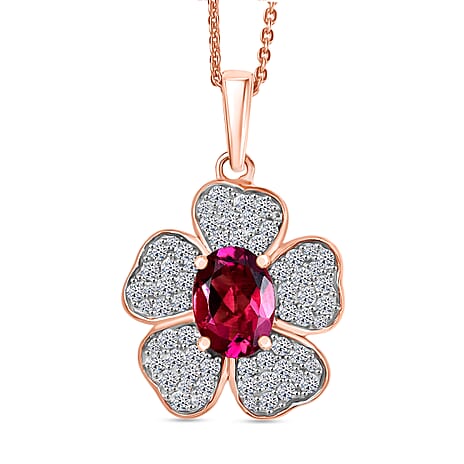 Lab Grown Bixbite & White Zircon Pendant with Chain (Size 20) in 18K Vermeil Rose Gold Plated Sterling Silver 2.16 Ct.