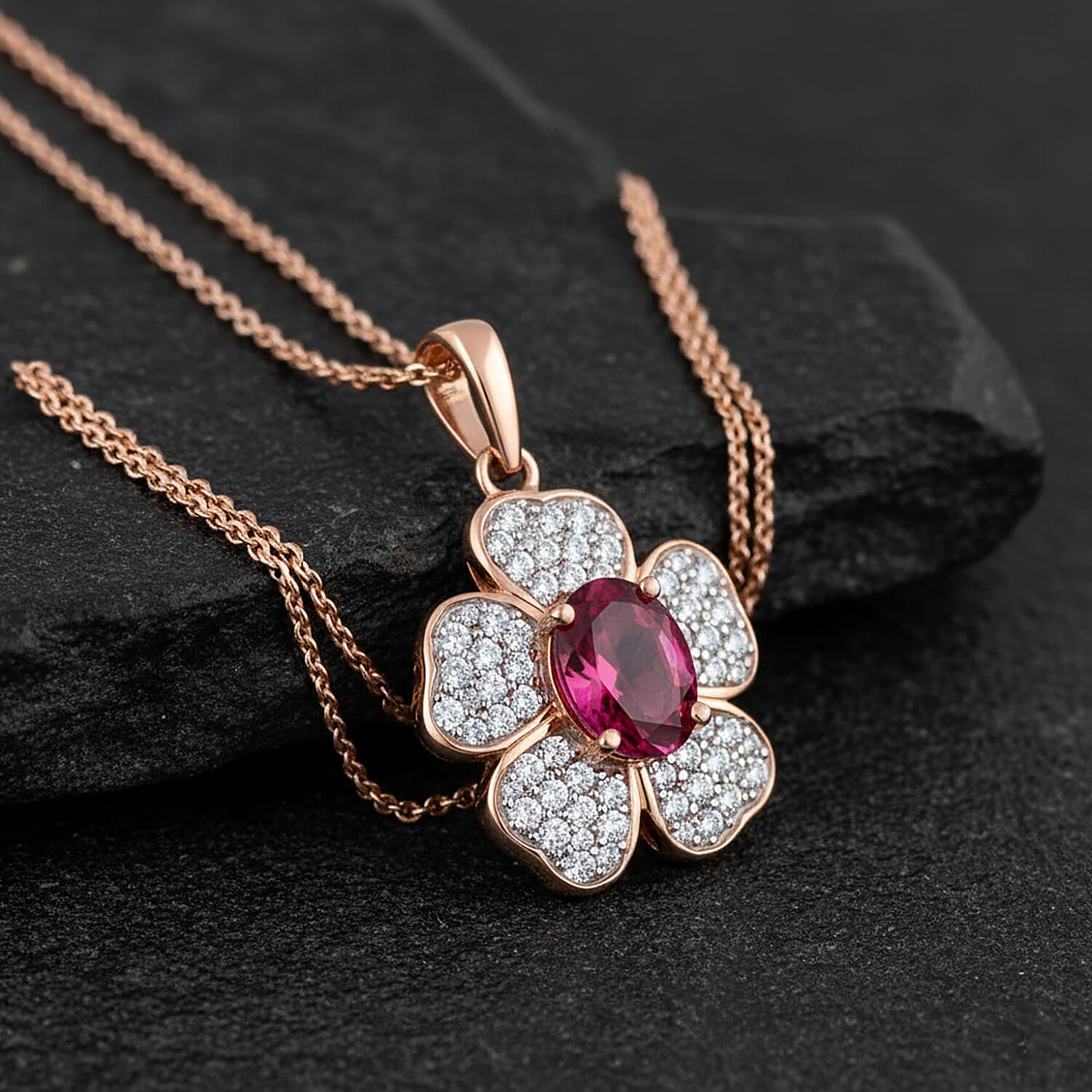 Lab Grown Bixbite & White Zircon Pendant with Chain (Size 20) in 18K Vermeil Rose Gold Plated Sterling Silver 2.16 Ct.